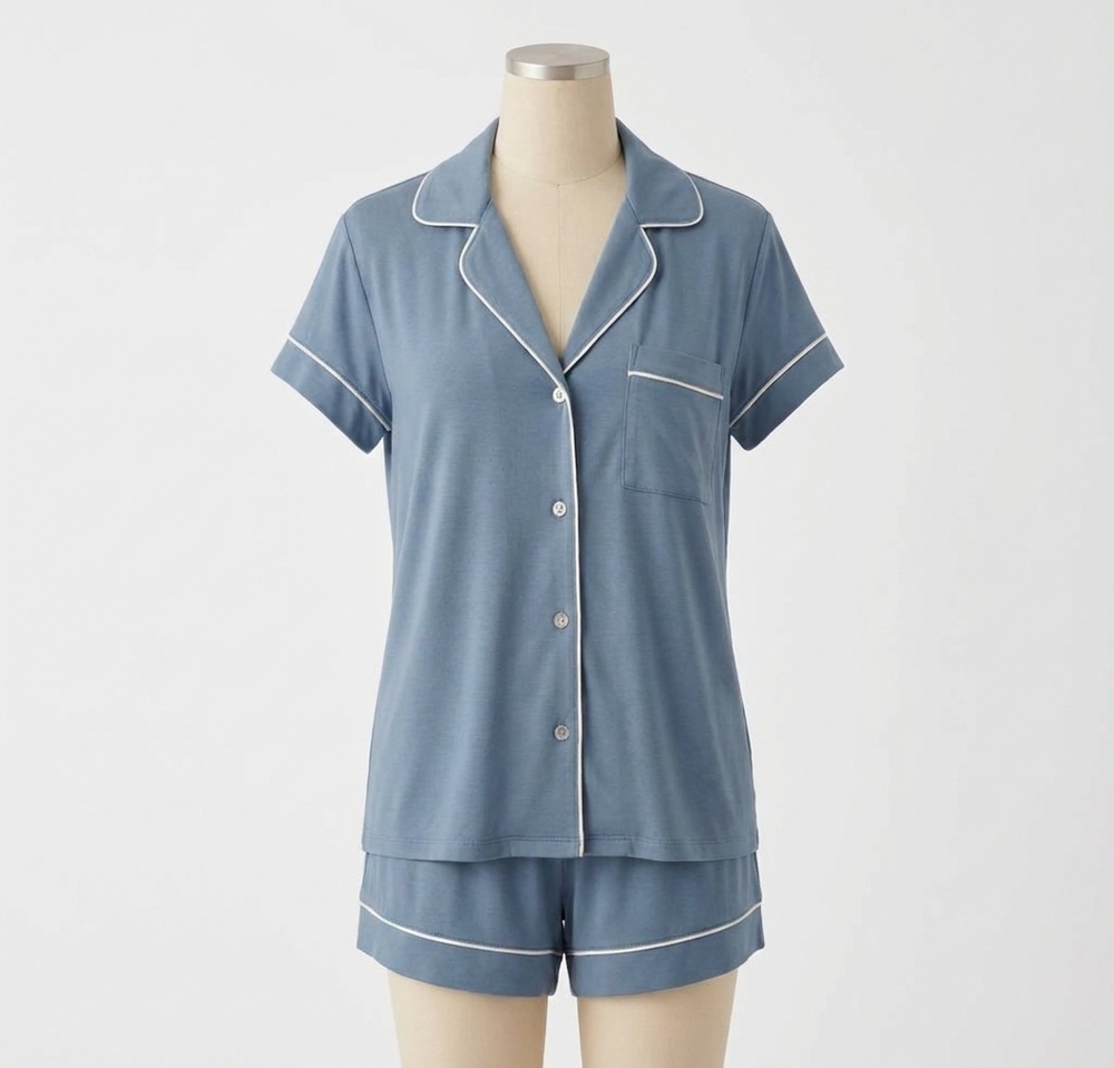 NEW EBERJEY gisele tencel modal relaxed short pajama set in faded denim / ivory